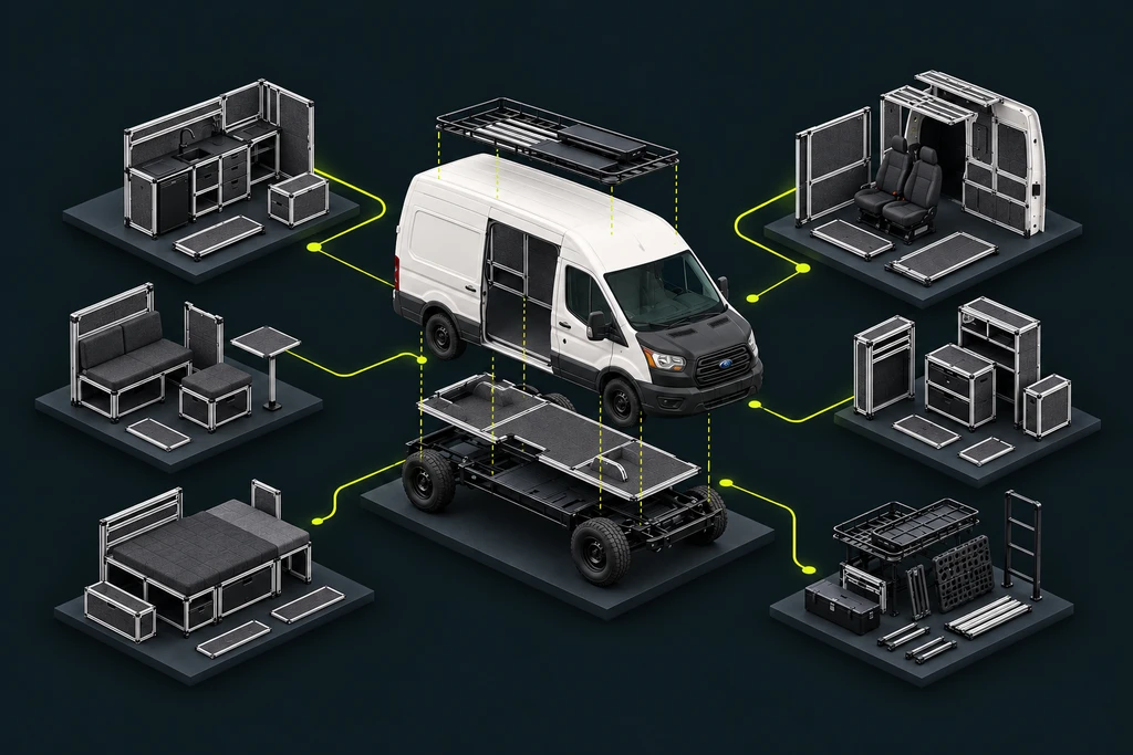 Illustrated Ford Transit build diorama with aluminum-framed modules, black and gray panels, and roof equipment connected by chartreuse paths.