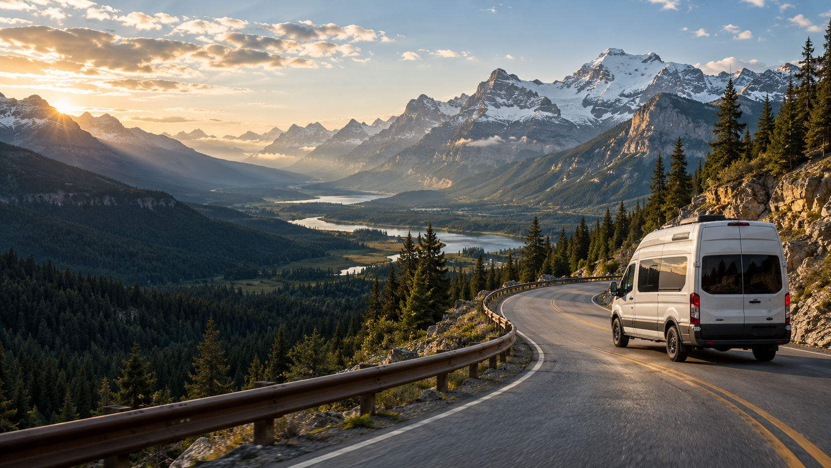 Custom illustration of a white camper van traveling along a mountain road above a forested valley