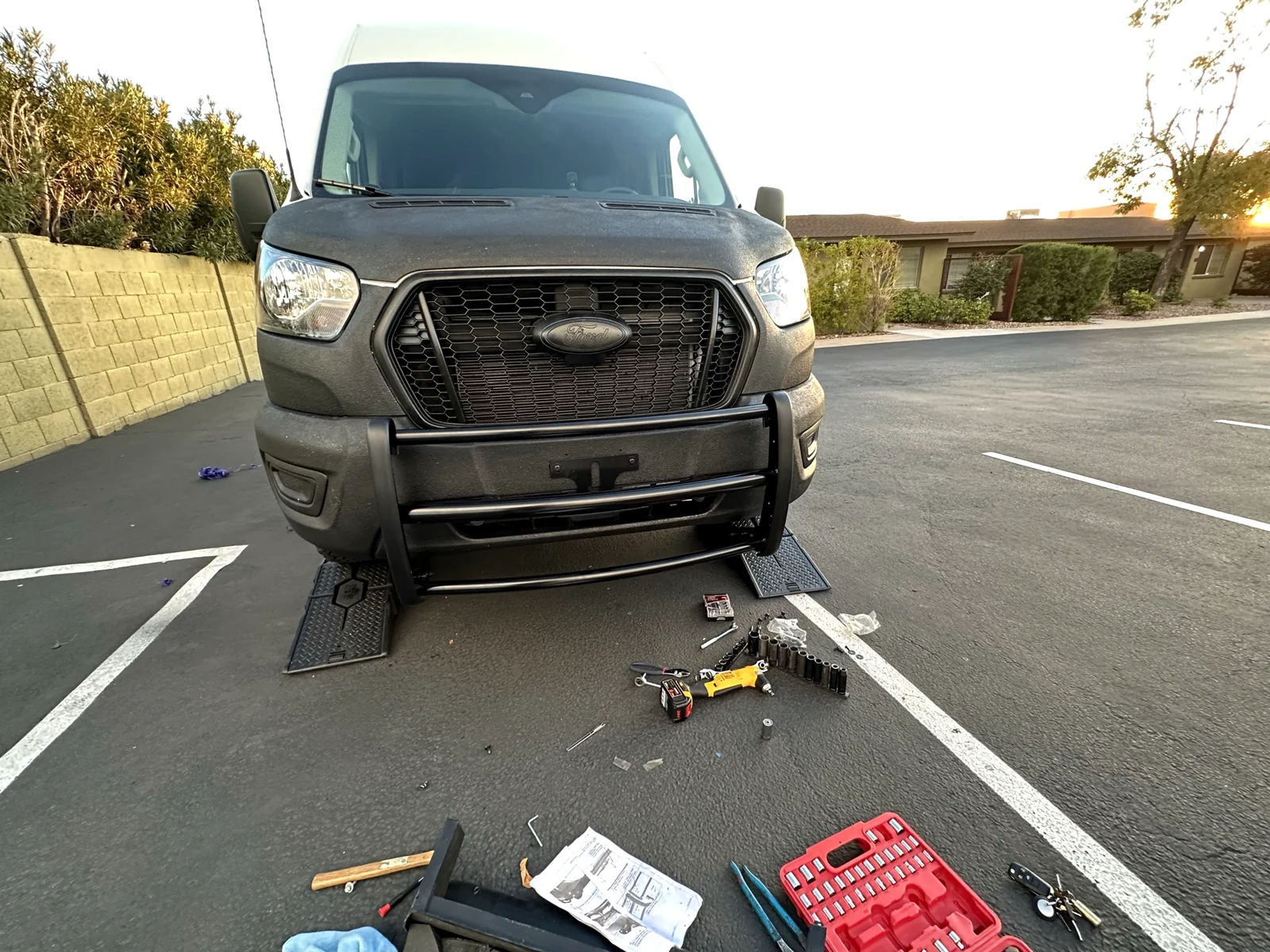 Front view of my Transit with the three center grille-guard rails installed before the outer headlamp wings
