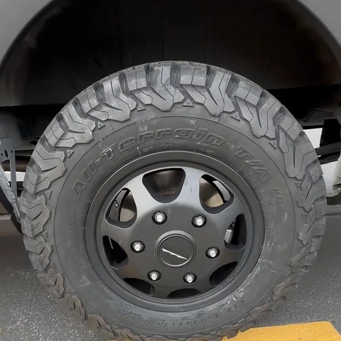 Installed matte-black Method wheel and BFGoodrich All-Terrain T/A tire, cropped from Steven’s after footage.