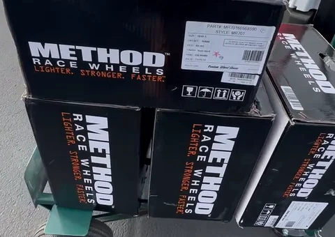 Detail of the Method Race Wheels boxes, with the MR701 package label visible.