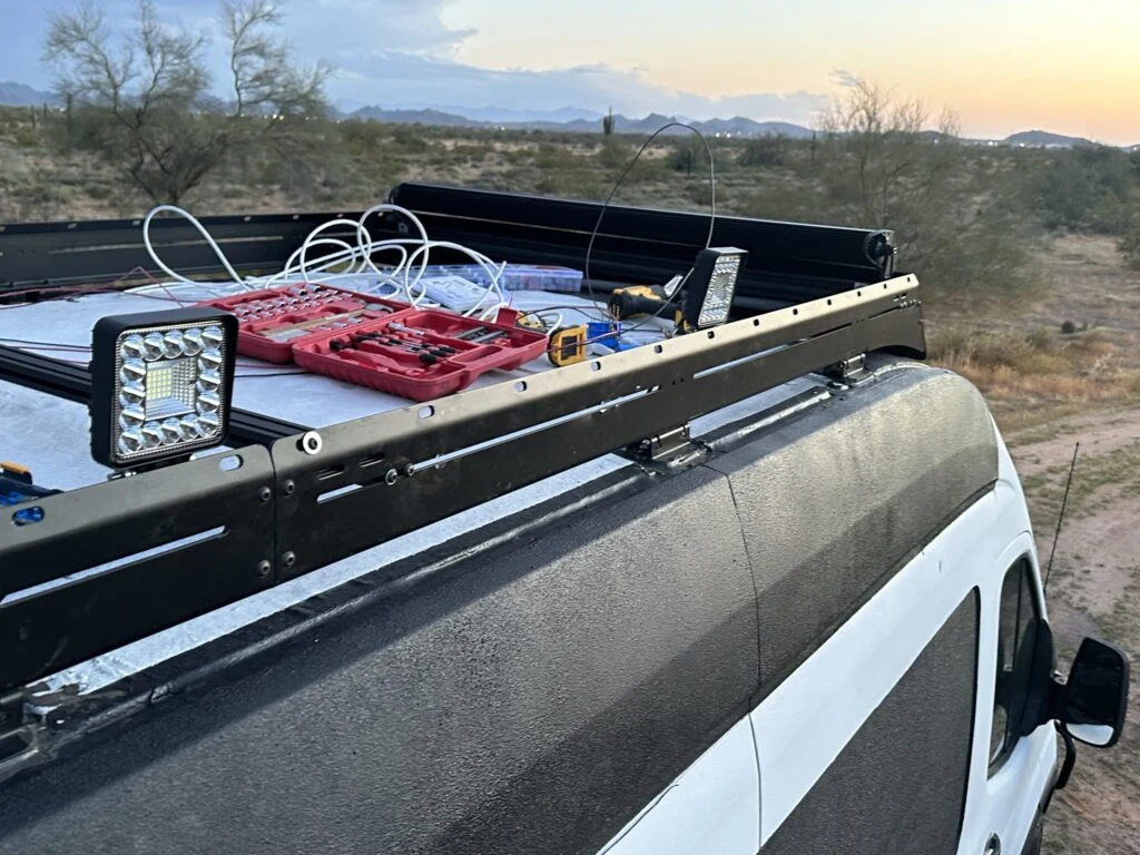 Lights, cables and tools laid out during my roof work.