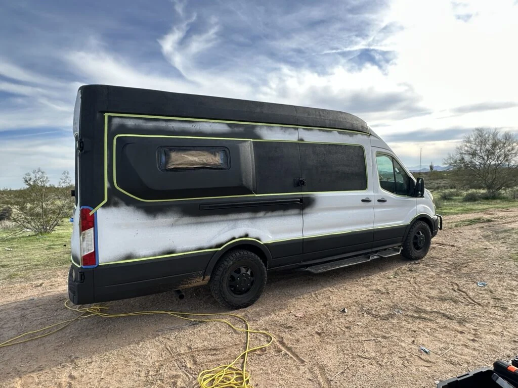 My van with masking around the exterior areas prepared for coating.