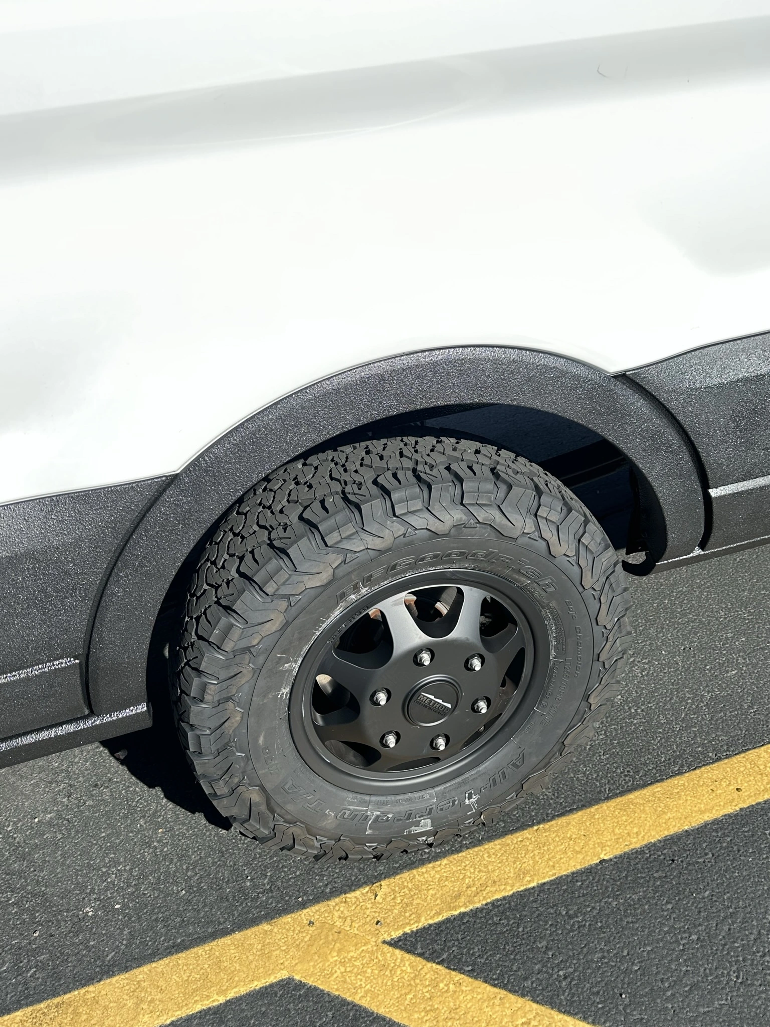 My installed BFGoodrich All-Terrain T/A tire and Method wheel beside the black RAPTOR trim; the LT255/70R16 120/117S and load range E sidewall markings are visible.