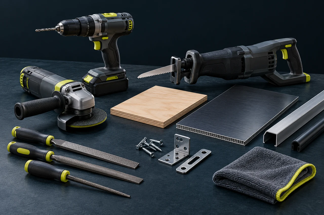 Tools and material samples on a dark workbench with chartreuse accents.