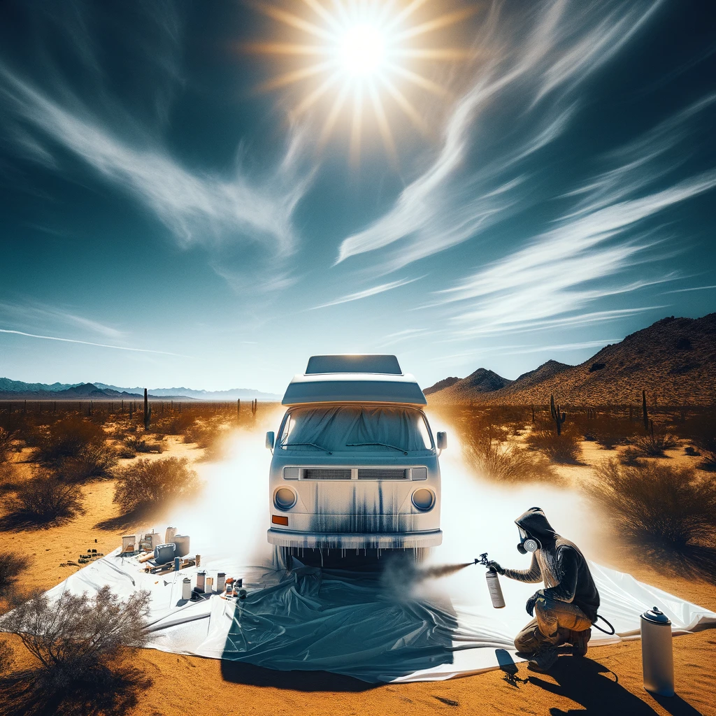 Illustration accompanying Day 55: Painting White Bedliner on Camper Van Exterior