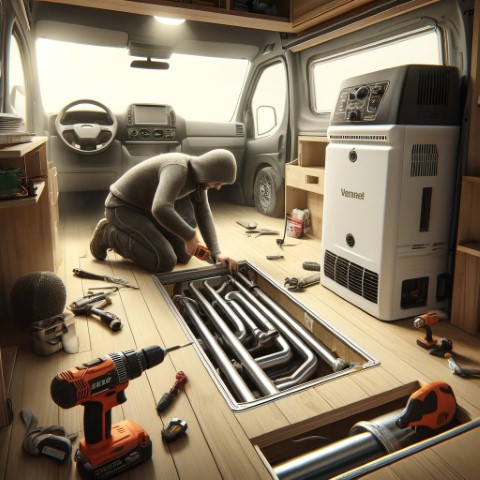 A meticulous process of installing a diesel heater in a camper van, highlighting the tools and steps involved