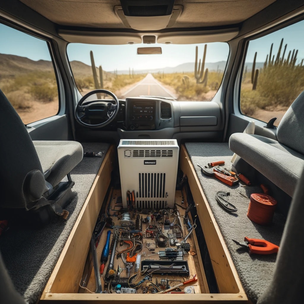 A diesel heater being installed underneath a passenger seat in a camper van, set against a desert backdrop in Phoenix, AZ