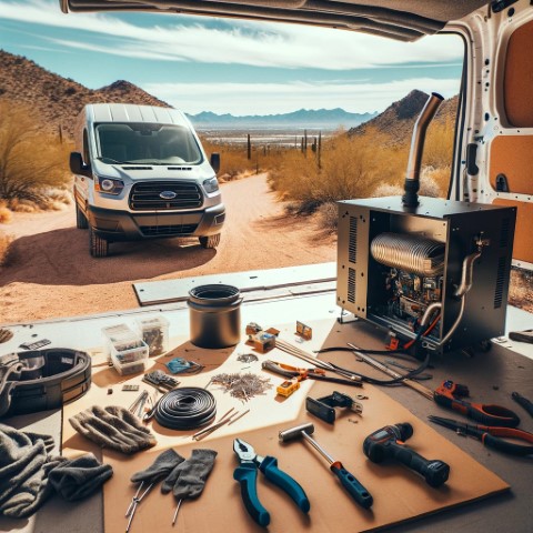 Installing a diesel heater under the front passenger seat of a campervan in the desert