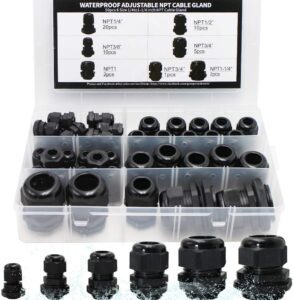Makerele Cord Grip Cable Glands Kit For Electrical Box Npt Waterproof Nylon Strain Relief 1/4” 3/8” 1/2” 3/4” 1” 1-1/4” 50Pcs Junction Case Connector Black With Gaskets