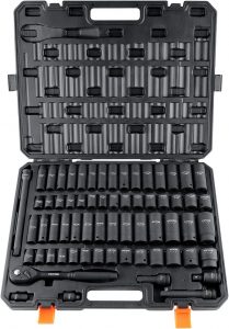 VEVOR 1/2" Drive Impact Socket Set, 65 Piece SAE 3/8" to 1-1/4" and Metric 10-24mm, 6 Point Cr-V Alloy Steel for Auto Repair, Easy-to-Read Size Markings, Rugged Construction, Storage Case