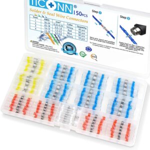 Ticonn 150 Pcs Solder Seal Wire Connectors, Heat Shrink Butt Connectors, Waterproof And Insulated Electrical Wire Terminals, Butt Splice (150Pcs)