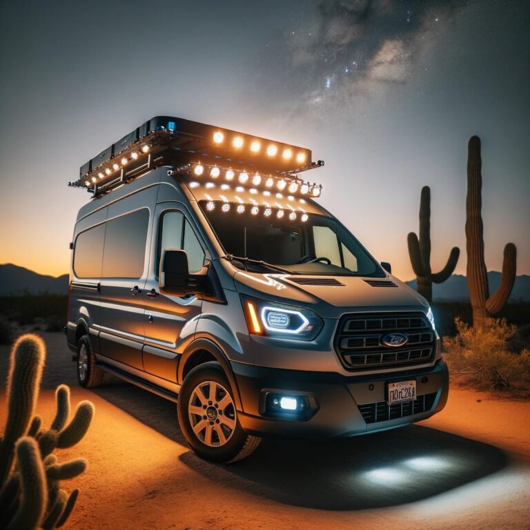 Close-up of LED lights on a Ford Transit camper van's roof rack, illuminating the desert at twilight, enhancing outdoor adventure experiences.