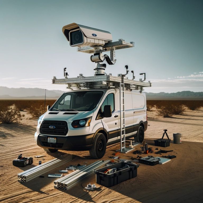 A white 2023 Ford Transit van with a DIY security camera mount on its roof, set against the Phoenix desert backdrop.