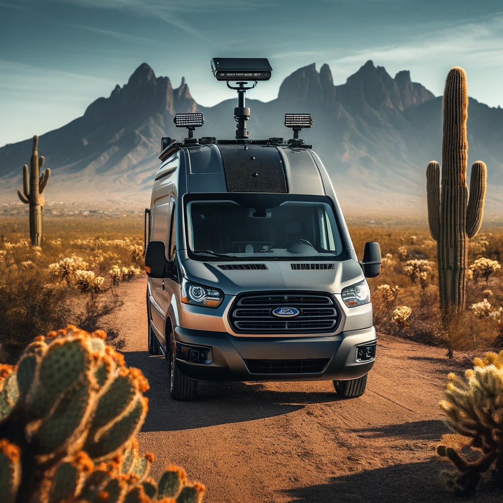 A Ford Transit camper van equipped with security cameras and LED lights, set against the backdrop of the Phoenix desert.