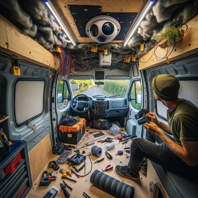 Inside view of a Ford Transit camper van during the installation of security cameras, showcasing a DIY conversion process.
