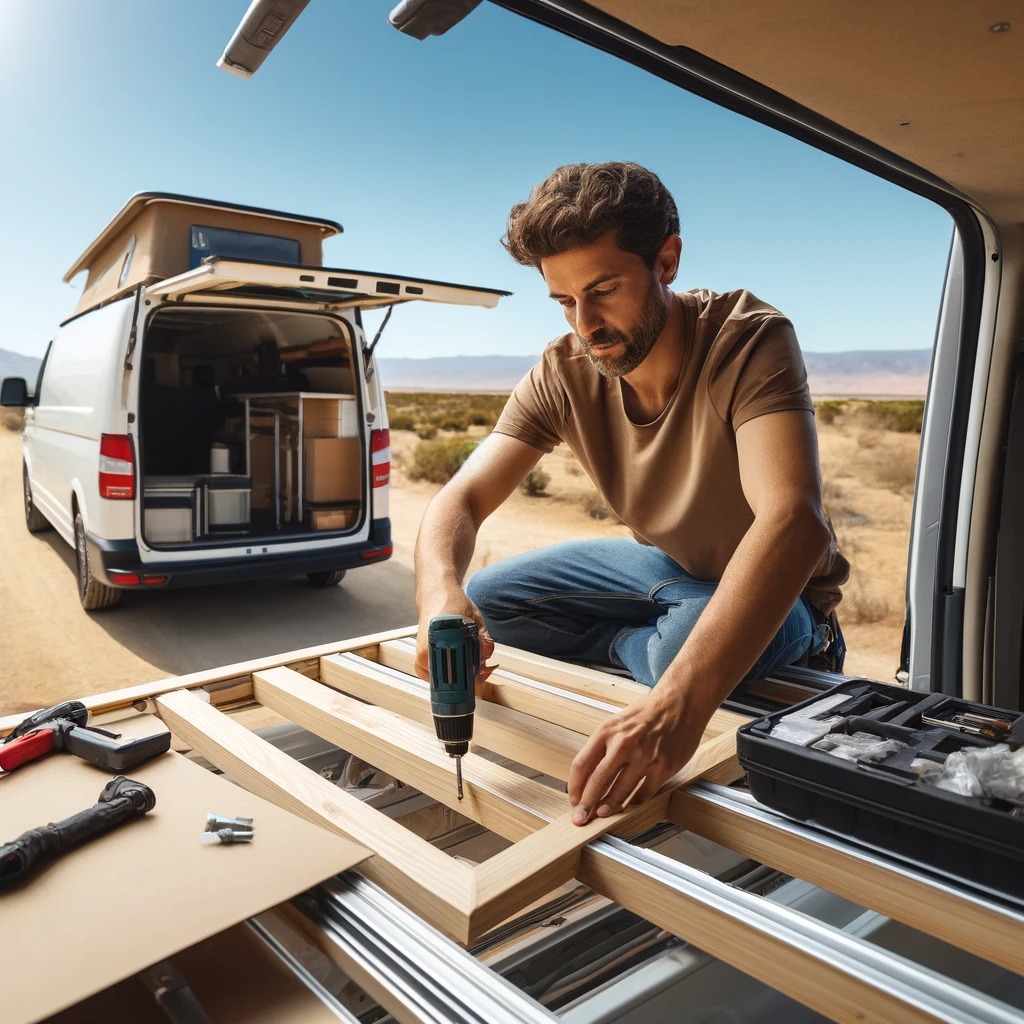 Man constructing a roof storage system for a camper van in the desert, showing tools and materials.