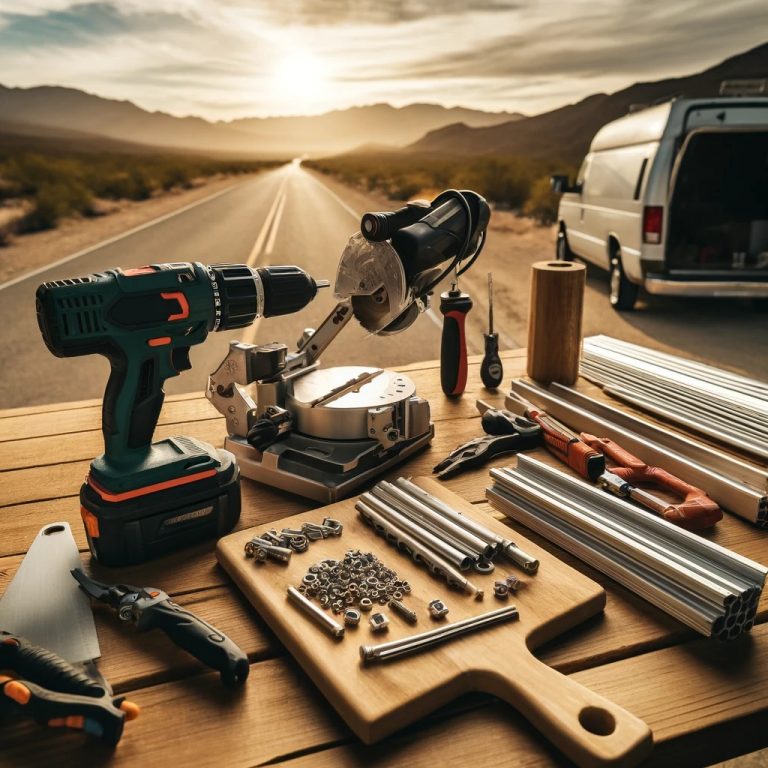 An array of DIY tools spread out on a wooden table in the desert, capturing the essence of a camper van conversion project at sunset, symbolizing adventure and the spirit of self-reliance