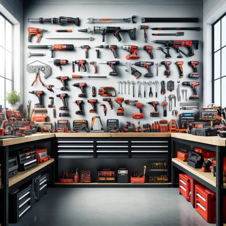 A diverse display of power tools from brands like Hitachi, Milwaukee, and Chicago Electric, neatly organized on a workshop bench, highlighting the range and specialization of each brand in a professional setting.