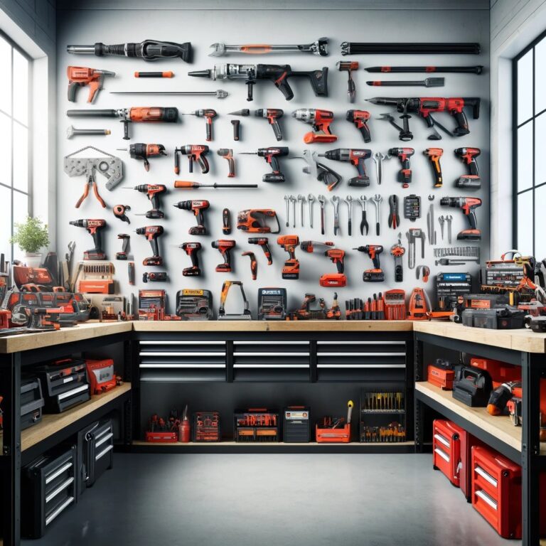 A diverse display of power tools from brands like Hitachi, Milwaukee, and Chicago Electric, neatly organized on a workshop bench, highlighting the range and specialization of each brand in a professional setting.