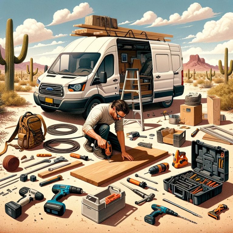 Man surrounded by tools and building materials while working on a Ford Transit van conversion in the Phoenix desert, showcasing DIY skills and preparation.