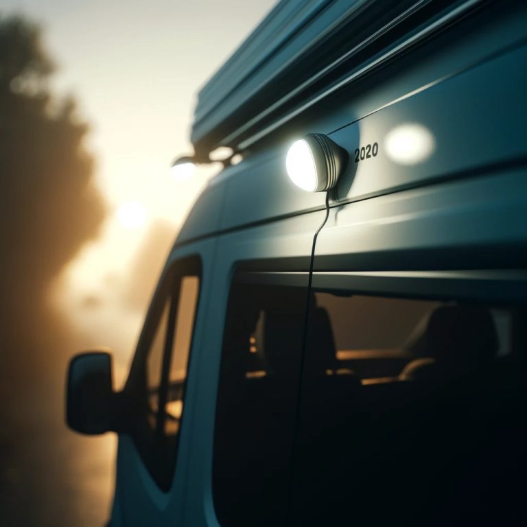 Two small LED lights mounted on the 2020 extrusion on the passenger side of the van's roof, with the early evening light enhancing the van's functionality and aesthetics, offering a glimpse into the serene life on the road.
