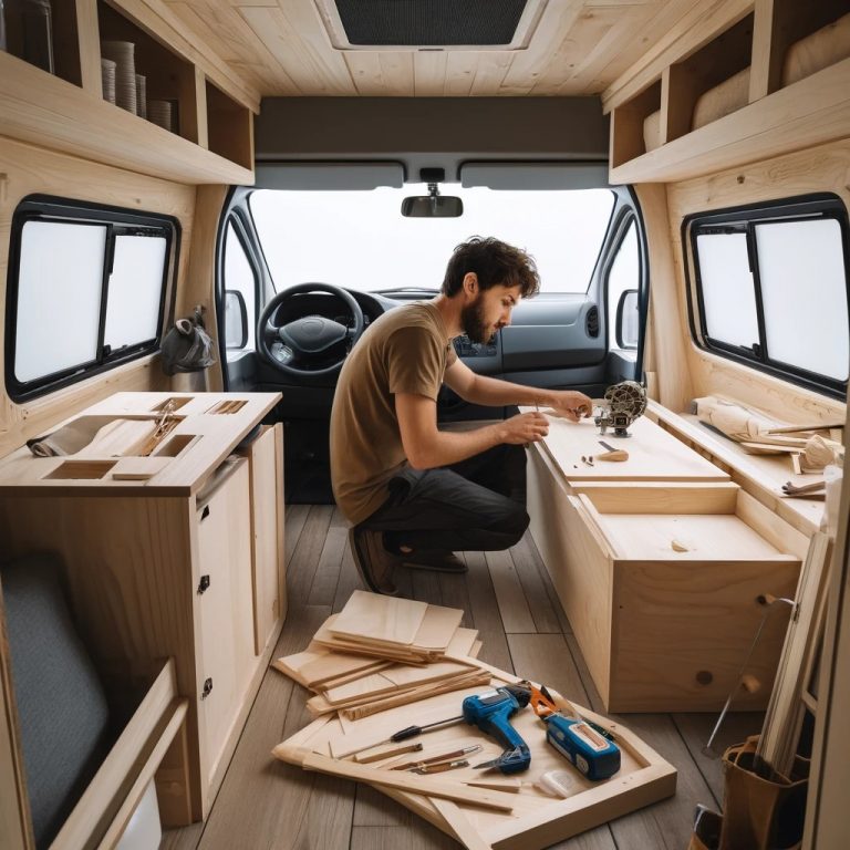 Steve constructing the wooden interior of his camper van, featuring built-in cabinets and a kitchen setup, illuminated by natural light.