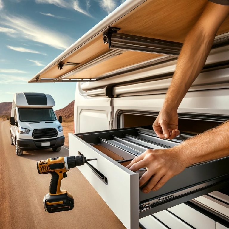 Detailed view of a man installing drawer slides and storage bins on a camper van roof storage system, featuring hands using a drill with a desert backdrop.
