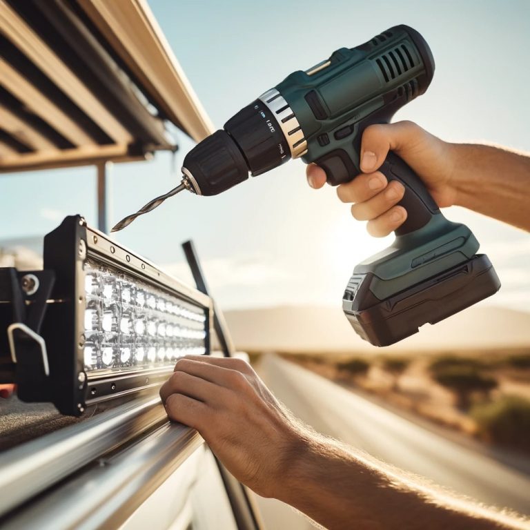 A detailed close-up of a hand using a cordless drill to attach an LED light bar on a camper van roof, showcasing the precision of the DIY installation process against a bright desert backdrop