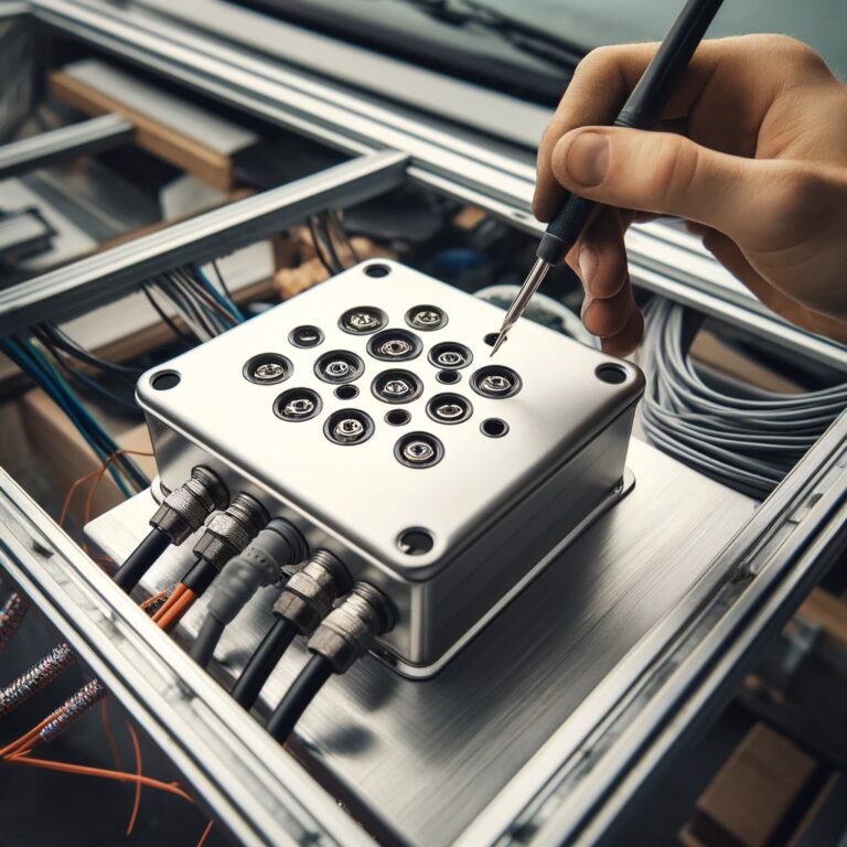 A close-up view of a metal junction box mounted on the van's roof, showcasing detailed craftsmanship with drilled holes for wire glands and neatly arranged wires, reflecting the meticulous steps taken in the van's electrical enhancement.