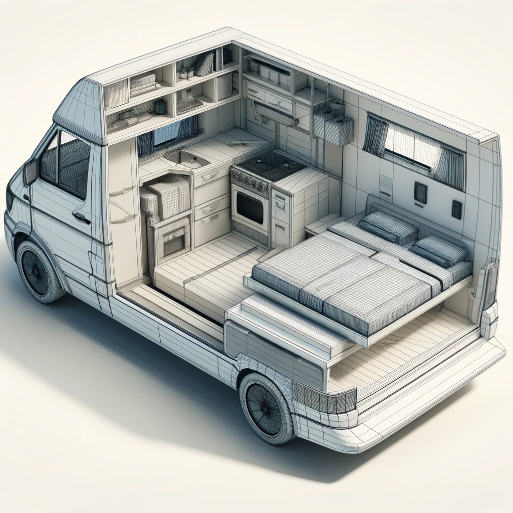 3D model of a camper van designed with SketchUp, showcasing the interior layout.
