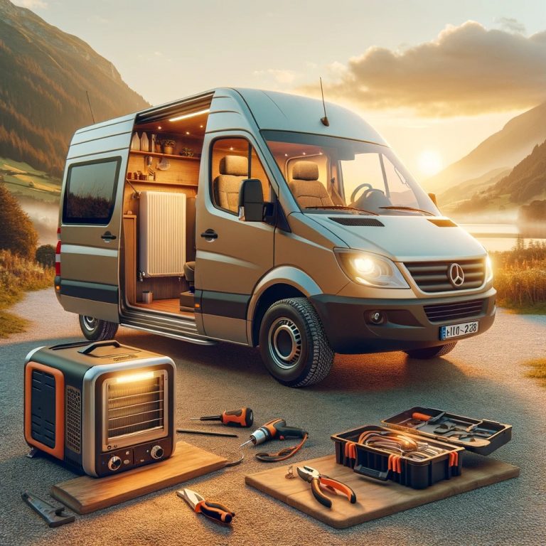 A camper van parked in a scenic location with mountains in the background, signifying the completion of an 8KW diesel heater installation under the front passenger seat.