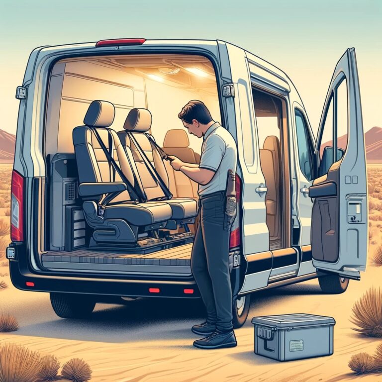 Man checking seat belts, installing ventilation, and assessing weight in a Ford Transit van in the Phoenix desert, emphasizing safety and legal compliance.