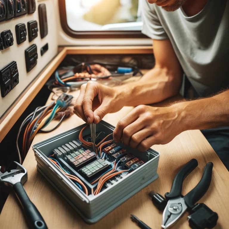 Detailed view of Steve wiring the electrical system in his camper van, highlighting the precision and care in ensuring safety and functionality.