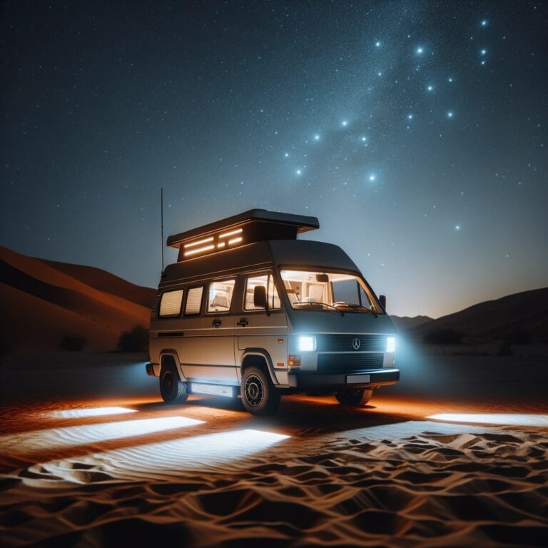 Night scene with van in desert, LED lights brightening the surrounding area