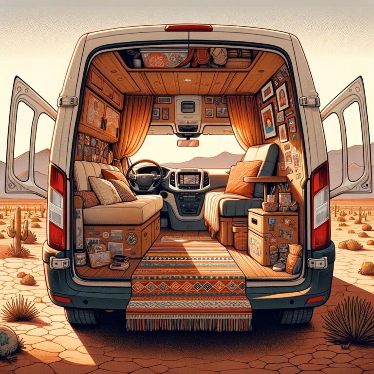 Custom interior of a Ford Transit van featuring warm colors, textiles, and personal touches, parked in the Phoenix desert, reflecting a unique personal style.