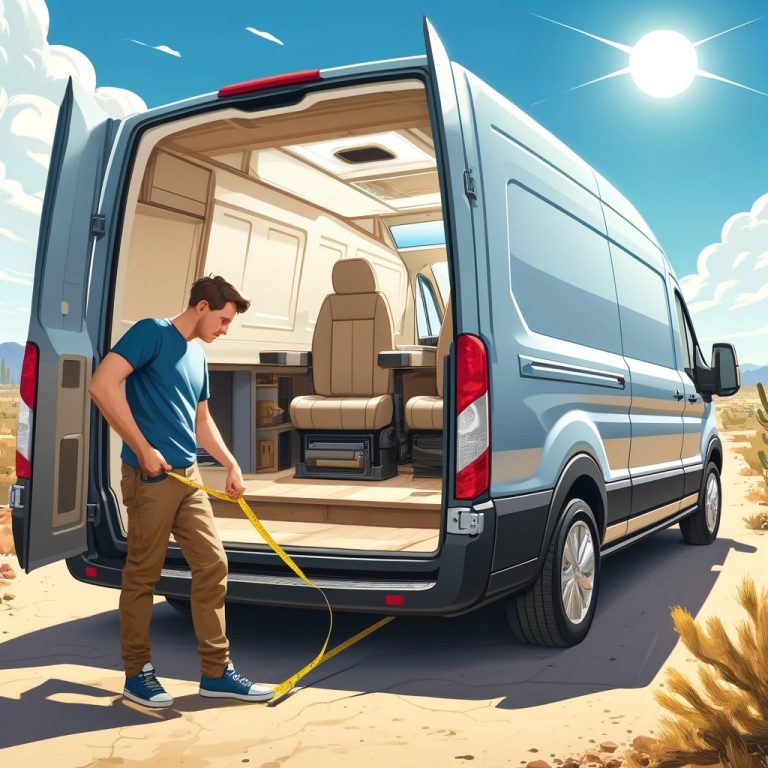 Man measuring the interior of a Ford Transit van for conversion in the desert of Phoenix, AZ, planning space for sleeping, seating, and storage.