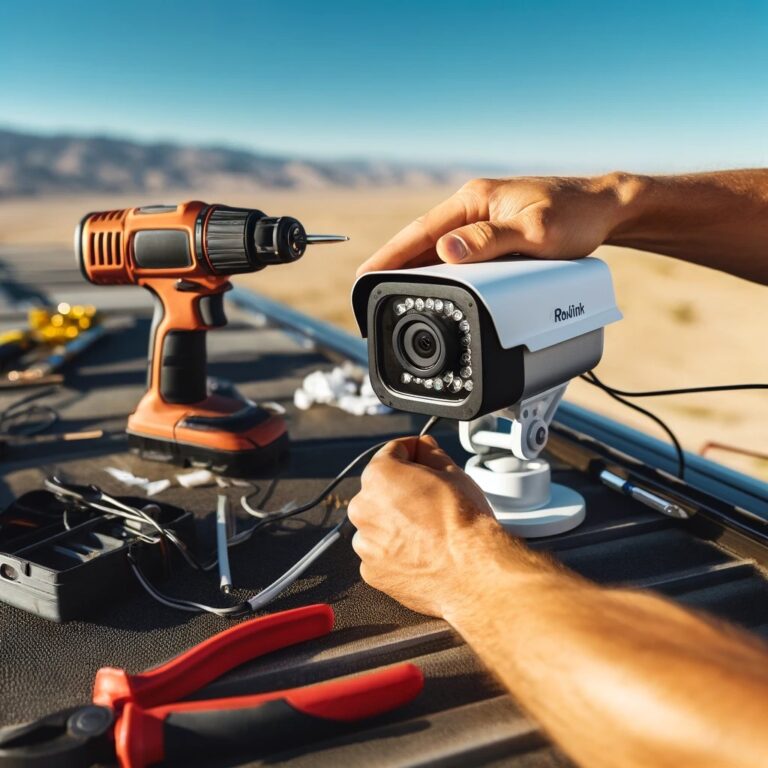 Close-up of hands installing a security camera on the van roof in a desert