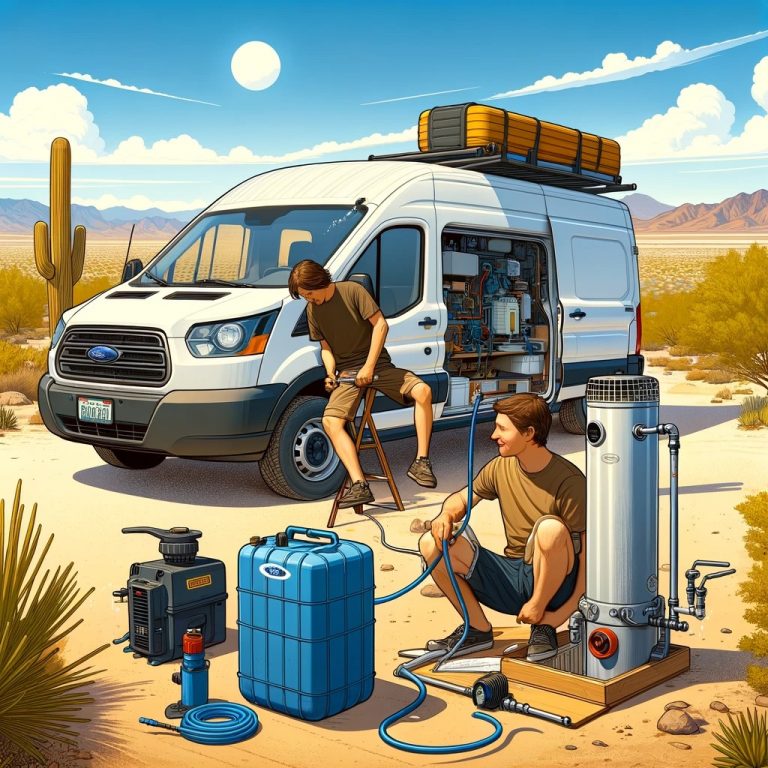 Man installing water tanks, a pump, and a heater under a Ford Transit van in the Phoenix desert, preparing for self-sufficient van living.
