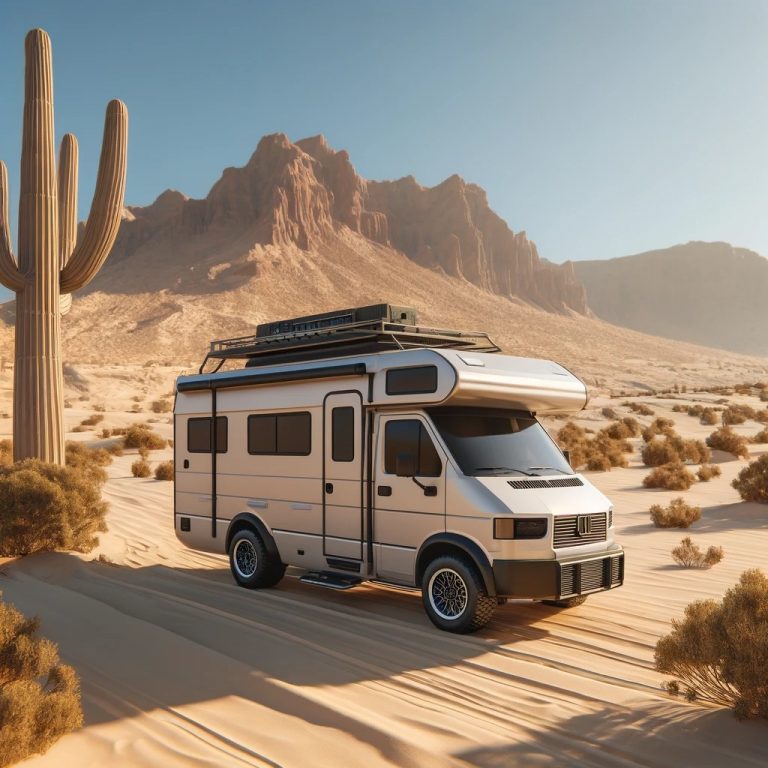 SketchUp-designed DIY camper van parked in the desert of Phoenix, AZ, showcasing its capability for off-grid living and adventure.