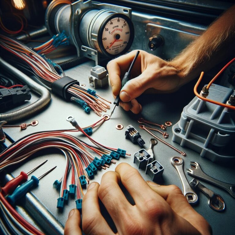 Close-up view of hands meticulously connecting solder seal wire connectors and securing the wiring along the fuel line under a camper van, showcasing the detailed DIY installation process.