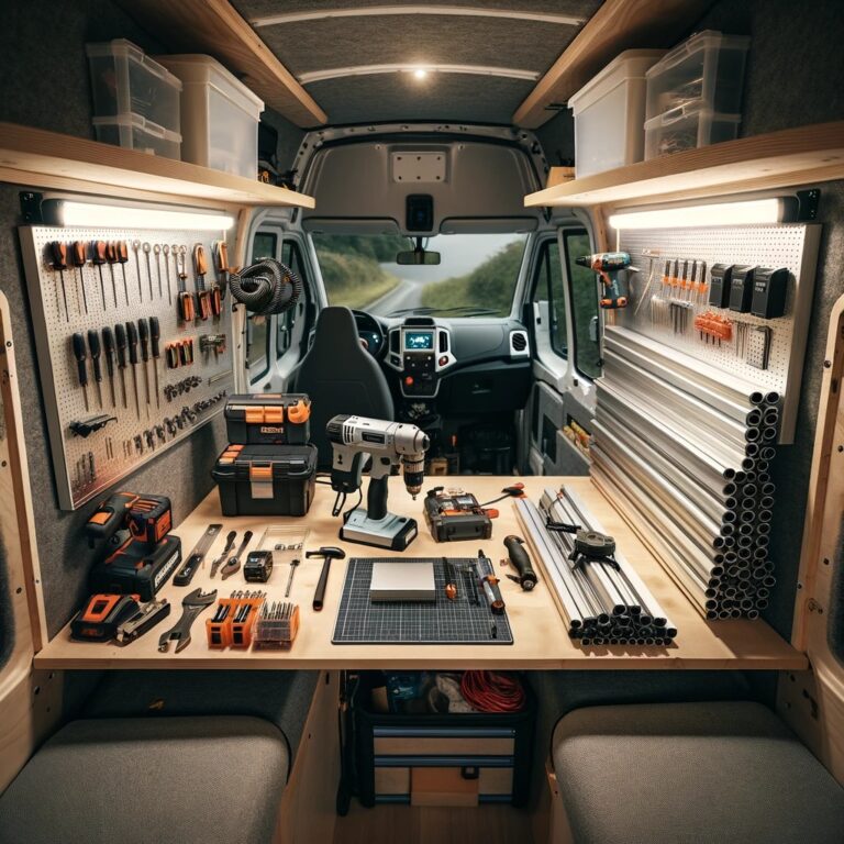 Inside a Ford Transit campervan, a well-organized DIY workspace with tools for assembling security camera mounts highlights efficient use of space and creativity.