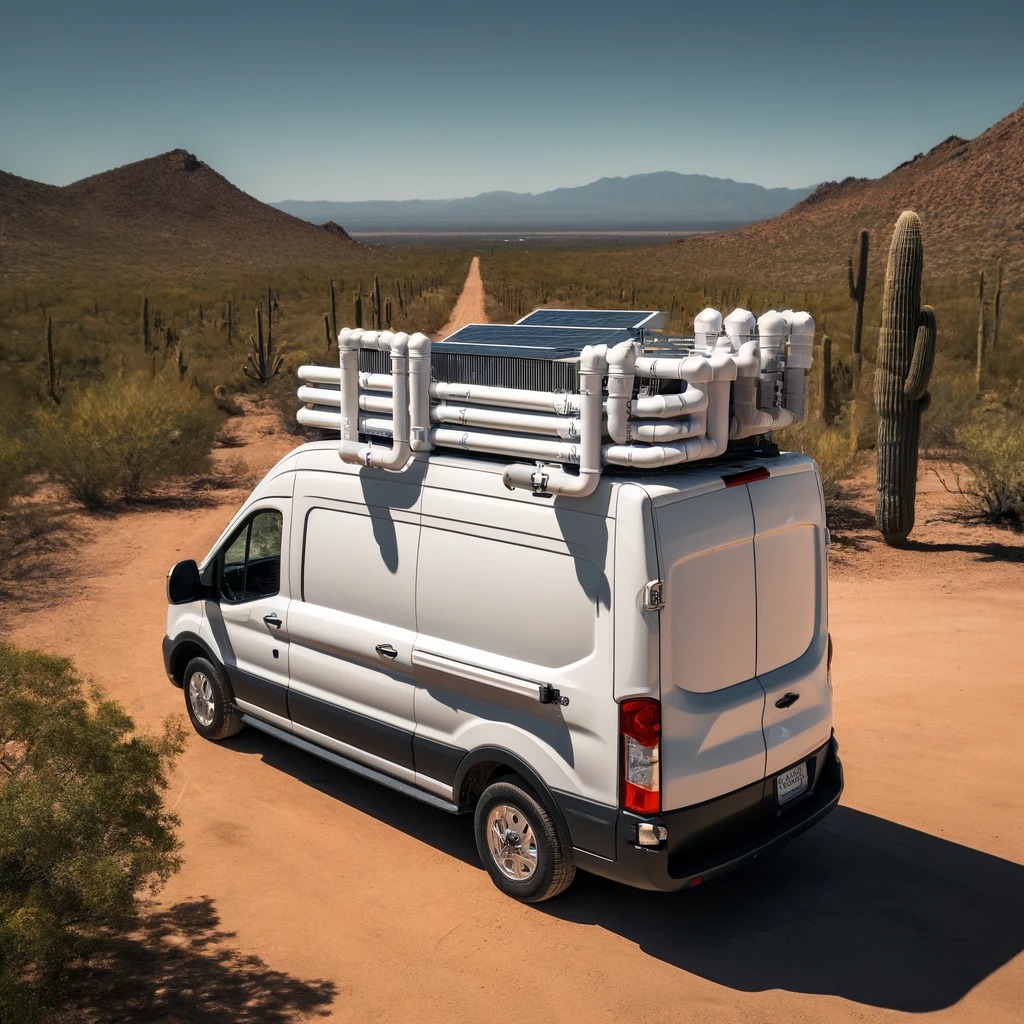 Detailed view of a PVC conduit system being installed on the roof of a Ford Transit camper van in the sunny desert of Phoenix, AZ.