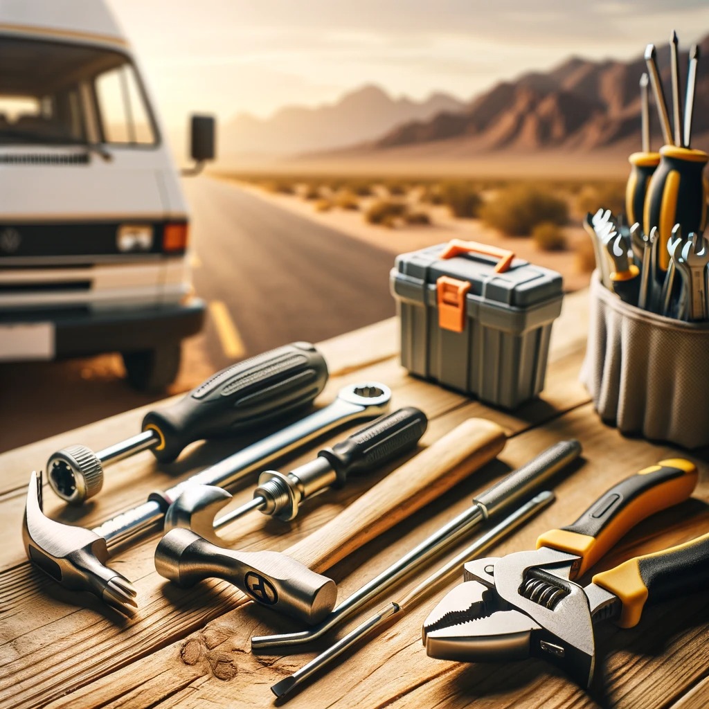 Close-up of essential hand tools including a hammer, screwdrivers, wrenches, and pliers, set against a wooden surface with a desert backdrop, symbolizing DIY van conversion work in Phoenix, AZ.
