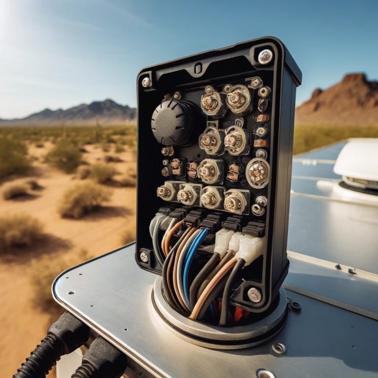 Close-up view of a weatherproof junction box with intricate wiring on a camper van roof, set against the desert backdrop of Phoenix, AZ.