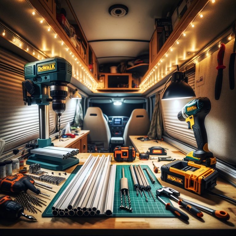 Inside a camper van, a workshop space is illuminated by LED lights, showcasing a drill press, Dewalt drill bit set, and tools for installing a Reolink IP security camera.