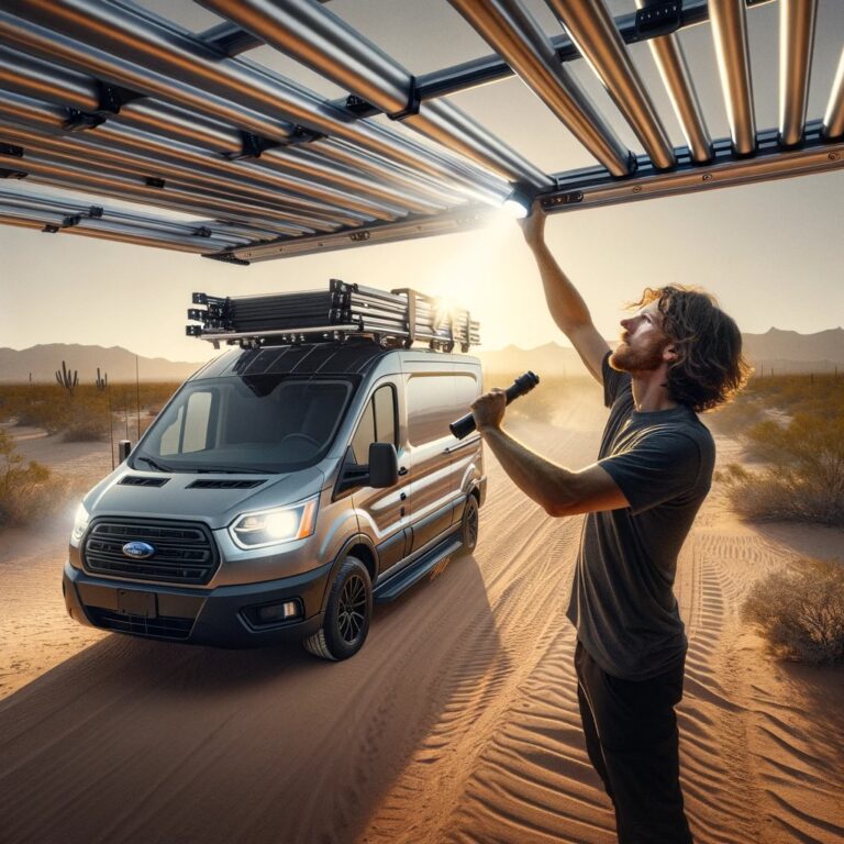 Man using a flashlight to check for signs of structural damage on the roof rack's aluminum extrusions of a camper van in a desert at sunset