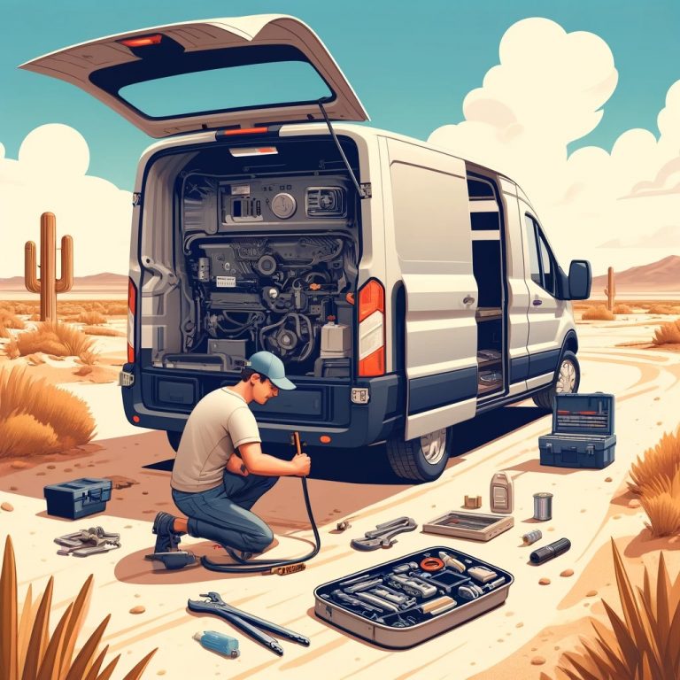 Man performing maintenance on a Ford Transit van in the Phoenix desert, checking plumbing, electrical, and mechanical systems to ensure top condition.