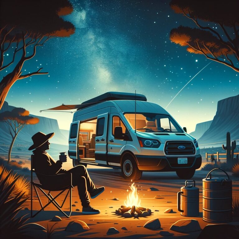 A person relaxes by a campfire next to their camper van in the desert under a starry sky, capturing the peace, solitude, and simple joys of nature and outdoor living during the van life journey.