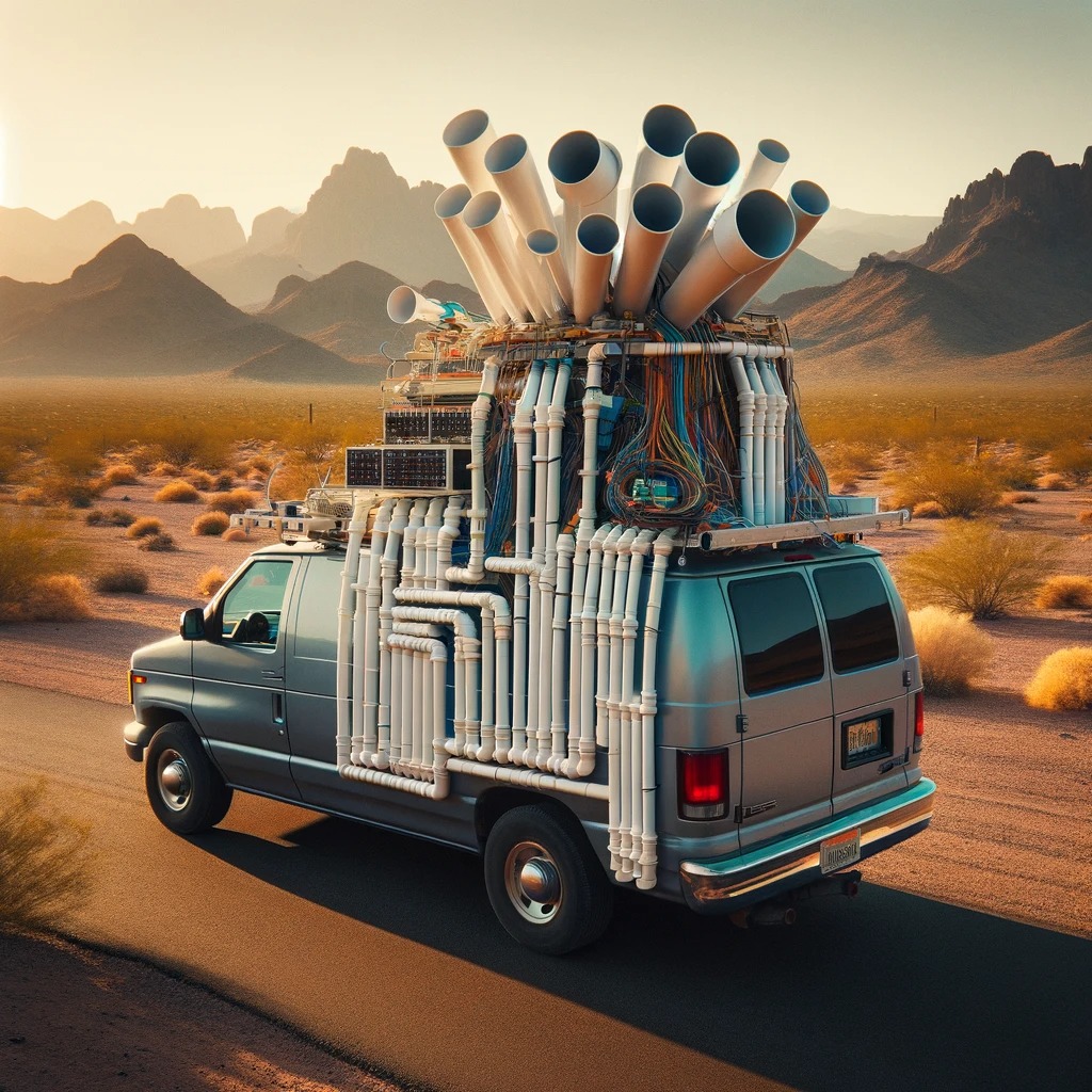 Van with open roof showing detailed wiring in a desert setting